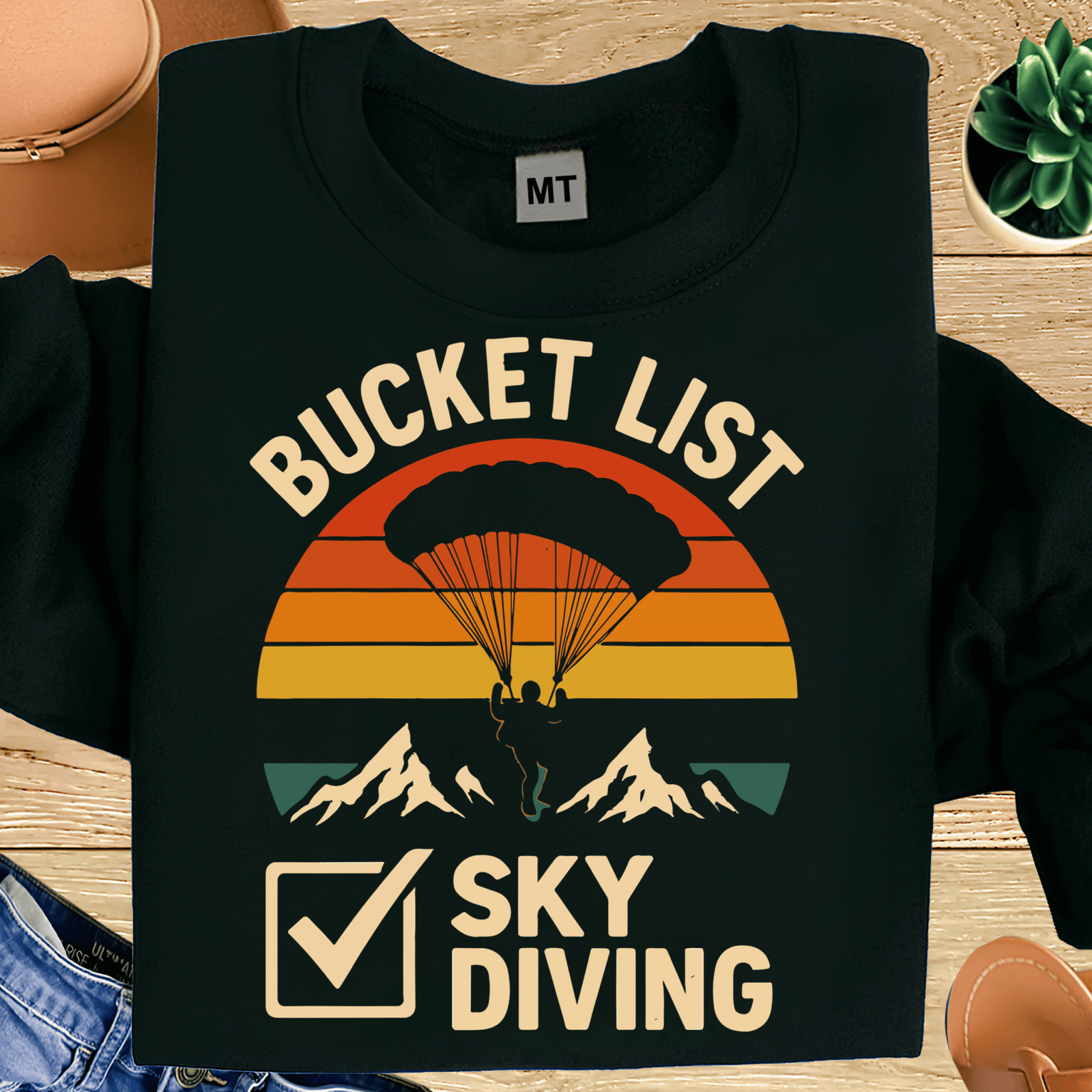 Bucket List Skydiving T-Shirt – Retro Sunset Parachute Adventure Tee for Thrill Seekers